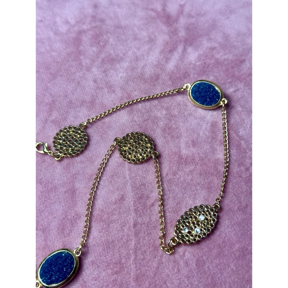 Gold Tone Blue Quartz Druzy Textured Disc Charms Long Layering Necklace